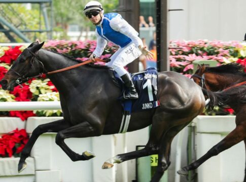 Gruppe I-Sieger dabei – Junko mit Arc-Siegjockey, Narrativo mit de Vries Junko gewinnt in der Vase (Foto: Hong Kong Jockey Club)