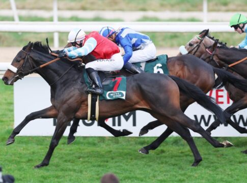 Wintertraum im letzten Galoppsprung im Grand Prix-Aufgalopp vorne Wintertraum siegt unter Michal Abik im Grand Prix Aufgalopp, L